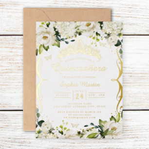 Invitation En Aluminium Quinceanera Fleurs Défilantes Or Champagne Blanc 