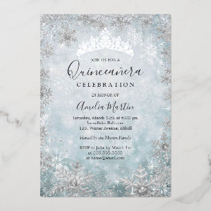 Invitation En Aluminium Quinceañera Flocon de Neige Bleu Argent Hiver