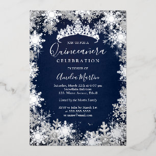 Invitation En Aluminium Quinceanera Flocon de Neige d'Hiver Argent Navy