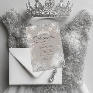 Invitation En Aluminium Quinceanera Flocon de Neige d'Hiver Beige Argenté