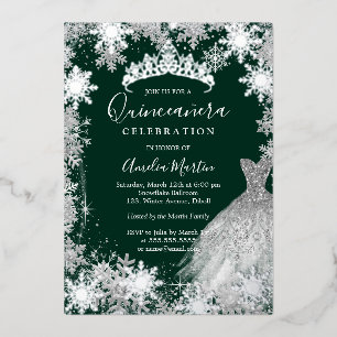 Invitation En Aluminium Quinceañera Flocon de Neige Vert Émeraude Hiver