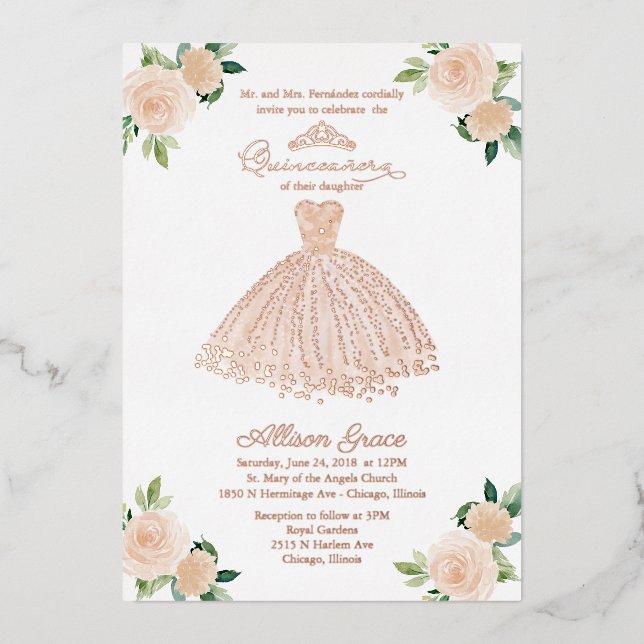 Invitation En Aluminium Quinceanera florale (Recto)