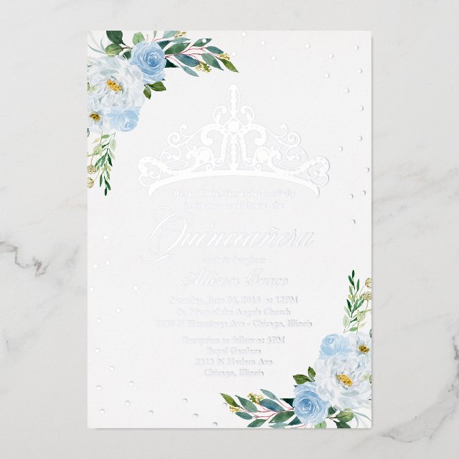 Invitation En Aluminium Quinceanera Florale Bleue (Recto)