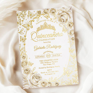 Invitation En Aluminium Quinceanera Florale Crème Or