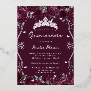 Invitation En Aluminium Quinceanera florale de l'Argent de Bourgogne