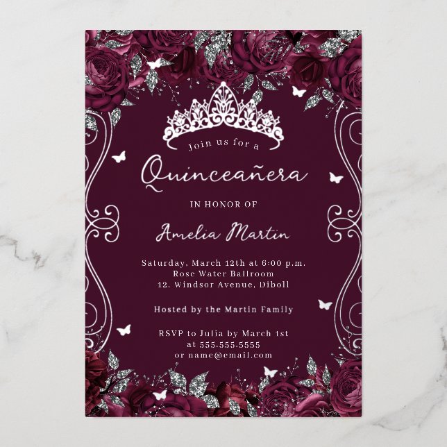 Invitation En Aluminium Quinceanera florale de l'Argent de Bourgogne (Recto)