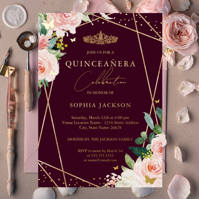 Invitation En Aluminium Quinceanera florale d'or bleu géométrique Bourgogn (Créateur téléchargé)