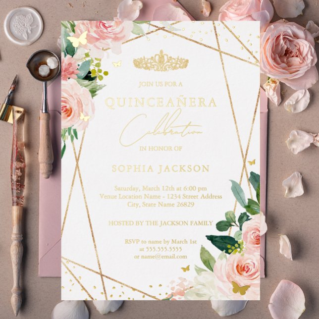 Invitation En Aluminium Quinceanera florale d'or brillant géométrique (Créateur téléchargé)