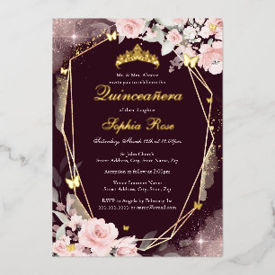 Invitation En Aluminium Quinceanera Florale Papillon Rose Or Bourgogne
