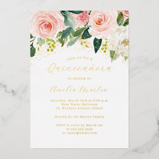 Invitation En Aluminium Quinceanera Florale Rose Or (Recto)