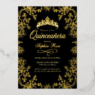 Invitation En Aluminium Quinceanera Florale Royal Gold Black Crown
