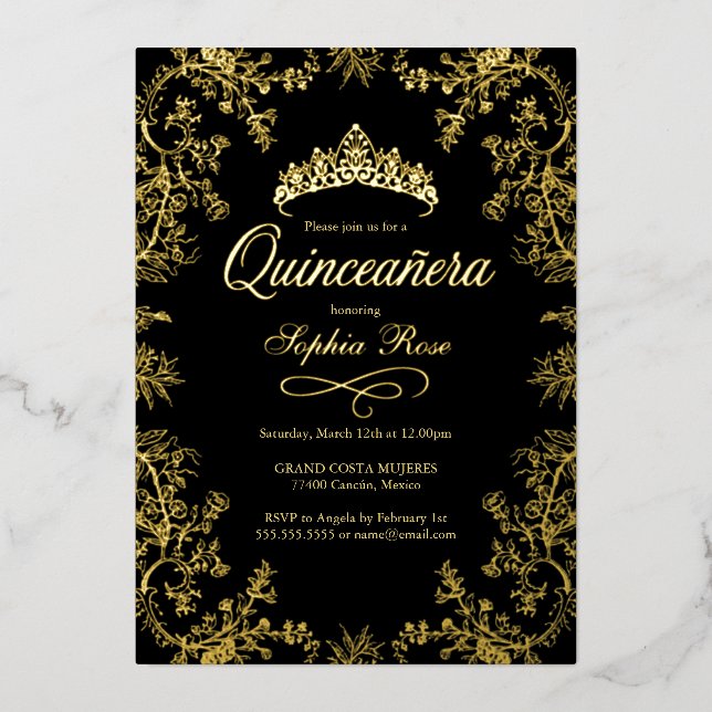 Invitation En Aluminium Quinceanera Florale Royal Gold Black Crown (Recto)