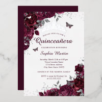 Quinceanera florale soyeux bordeaux élégant