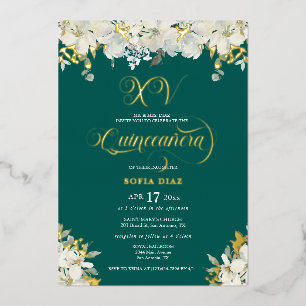 Invitation En Aluminium Quinceañera Florale Vert Émeraude Or