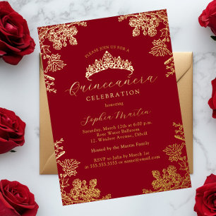 Invitation En Aluminium Quinceanera Florale Vintage Rouge