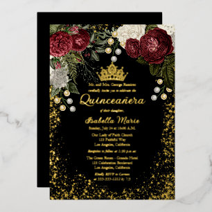 Invitation En Aluminium Quinceañera Glam Bourgogne Rose Floral Anniversair