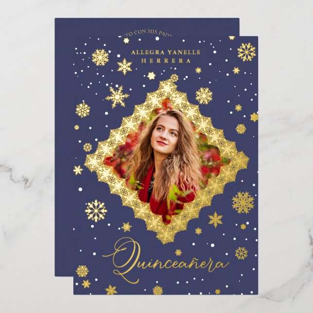 Invitation En Aluminium Quinceañera Golden Snowflakes Winter Christmas (Recto/Verso)