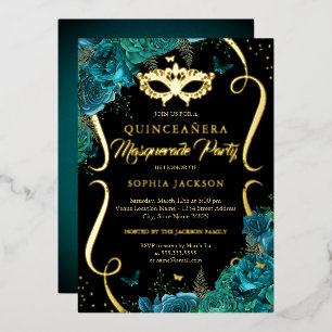 Invitation En Aluminium Quinceanera Mascarade Défilé Floral Sarcelle Or