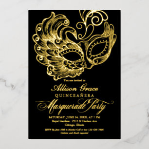Invitation En Aluminium Quinceanera Mascarade Noir Or