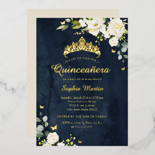Invitation En Aluminium Quinceanera Navy Champagne Florale Or