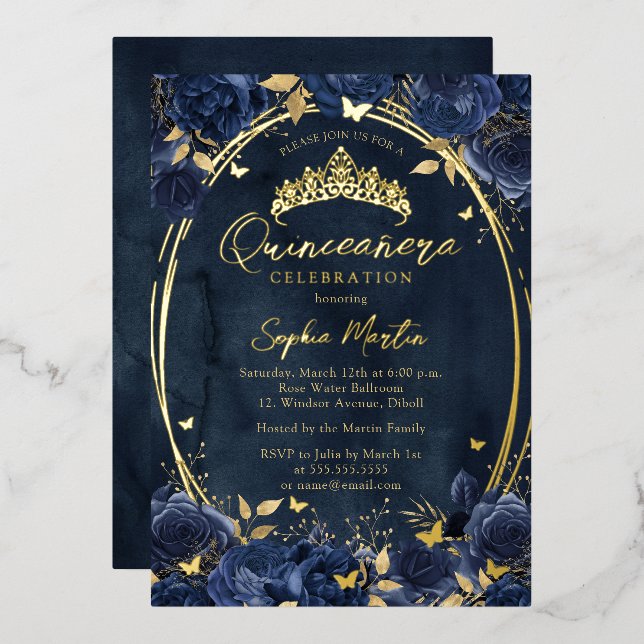 Invitation En Aluminium Quinceanera, papillon floral captivant l'or de la  (Recto/Verso)