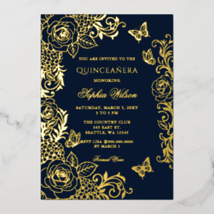 Invitation En Aluminium Quinceañera Papillon Floral Or Navy
