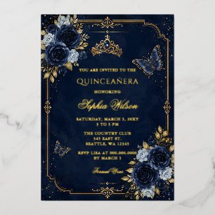 Invitation En Aluminium Quinceañera Papillon Floral Or Navy