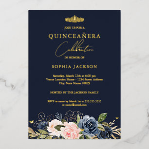 Invitation En Aluminium Quinceanera Papillon Floral Rose Navy