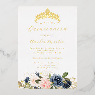 Invitation En Aluminium Quinceanera Papillon Floral Rose Navy