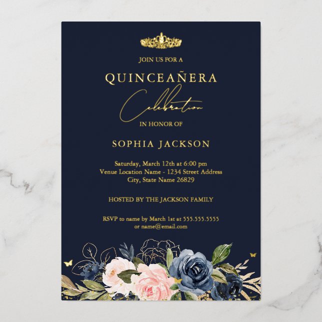 Invitation En Aluminium Quinceanera, papillon floral rose pâle (Recto)