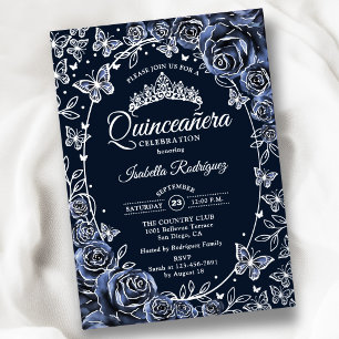 Invitation En Aluminium Quinceanera Papillons Argent Navy Roses