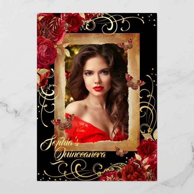 Invitation En Aluminium Quinceanera Photo Rouge Rose Or Papillon (Recto)