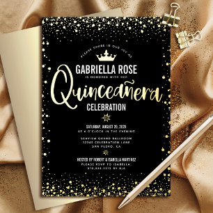 Invitation En Aluminium Quinceañera Princess Crown Script Black Real Gold