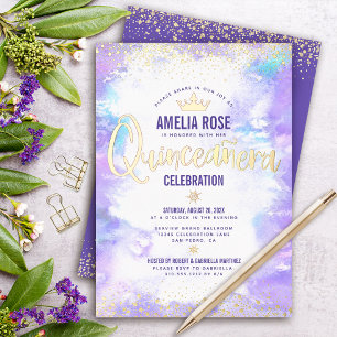 Invitation En Aluminium Quinceañera Purple Aquarelle Glam Couronne or réel