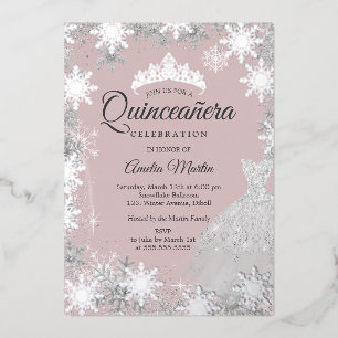 Invitation En Aluminium Quinceañera Rose Argent Hiver Flocon de Neige