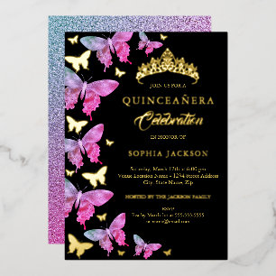 Invitation En Aluminium Quinceañera Rose Chaud Or Bleu Papillon