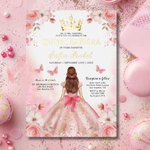 Invitation En Aluminium Quinceañera Rose Florale Papillon Rose Pâle