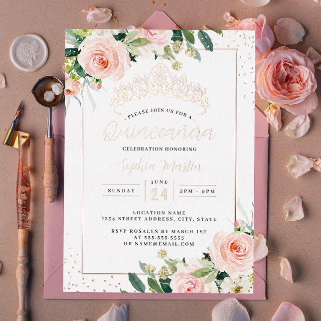 Invitation En Aluminium Quinceanera Rose moderne or Floral (Créateur téléchargé)