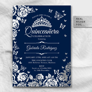 Invitation En Aluminium Quinceanera Roses Papillons Bleu Marine Argent