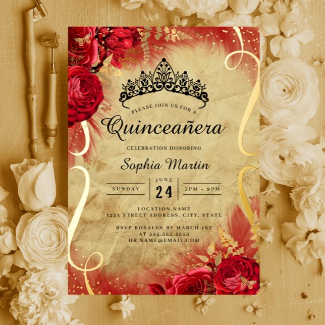 Invitation En Aluminium Quinceanera rouge florale (Créateur téléchargé)