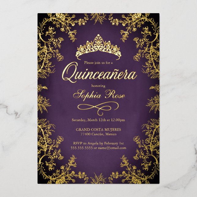 Invitation En Aluminium Quinceanera royale violet or couronne Florale (Recto)