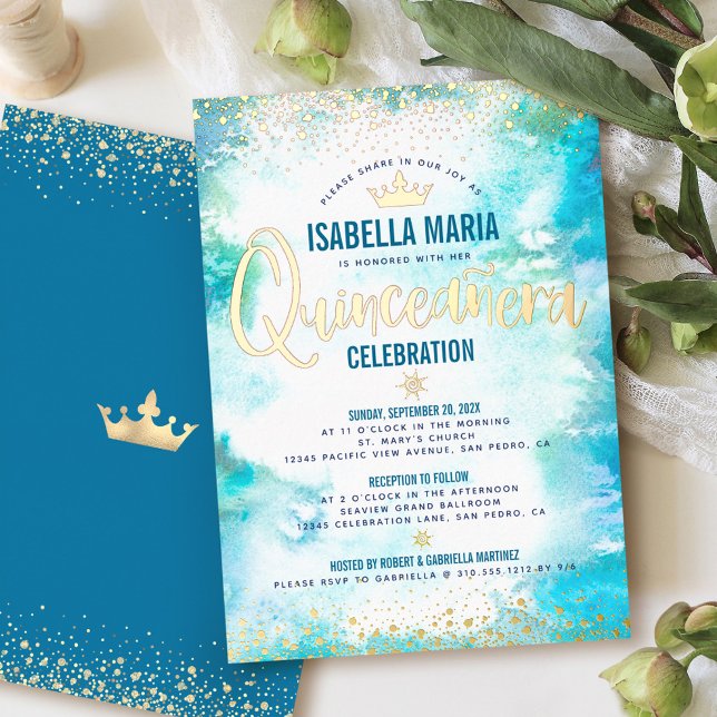 Invitation En Aluminium Quinceañera Turquoise Aquarelle Couronne or réel (Créateur téléchargé)