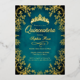 Invitation En Aluminium Quinceanera turquoise de couronne d'or