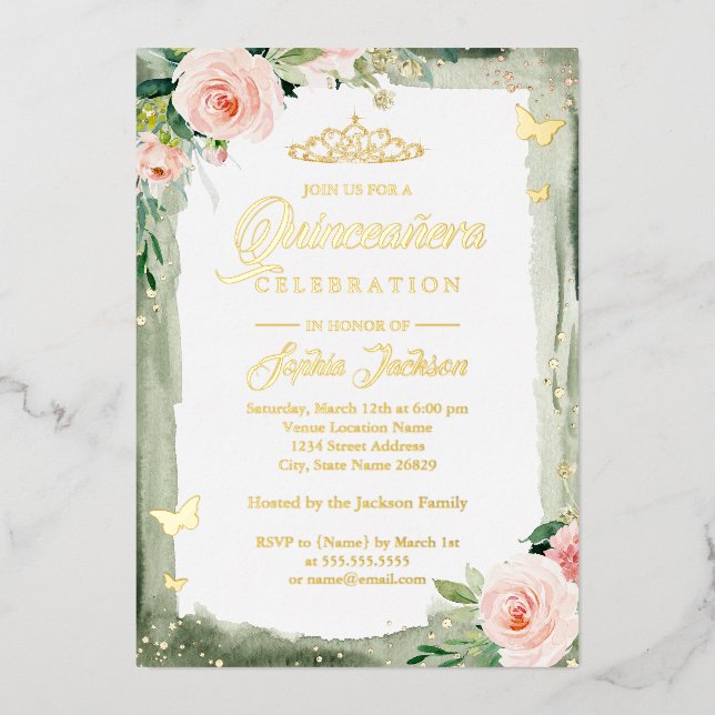 Invitation En Aluminium Quinceanera vert pâle étincelle florale Tiara (Recto)