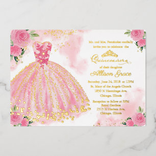 Invitation En Aluminium Quinze ans Floral Rose Chaud