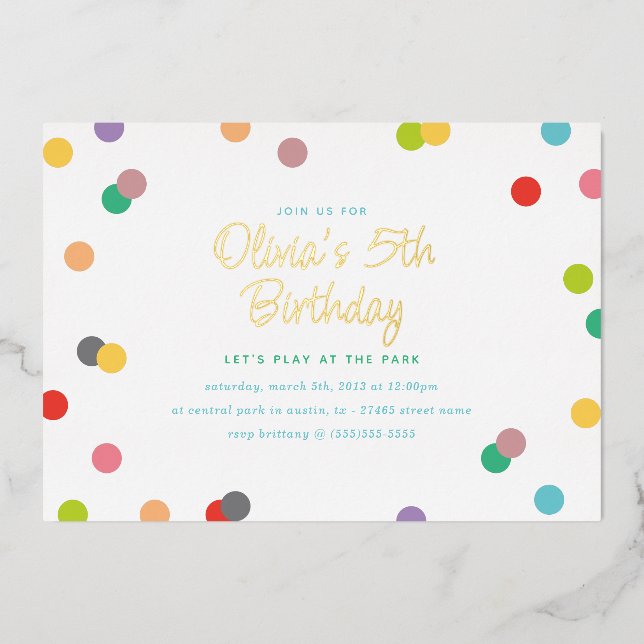 Invitation En Aluminium Rainbow Confetti et Gold Letting Anniversaire (Recto)