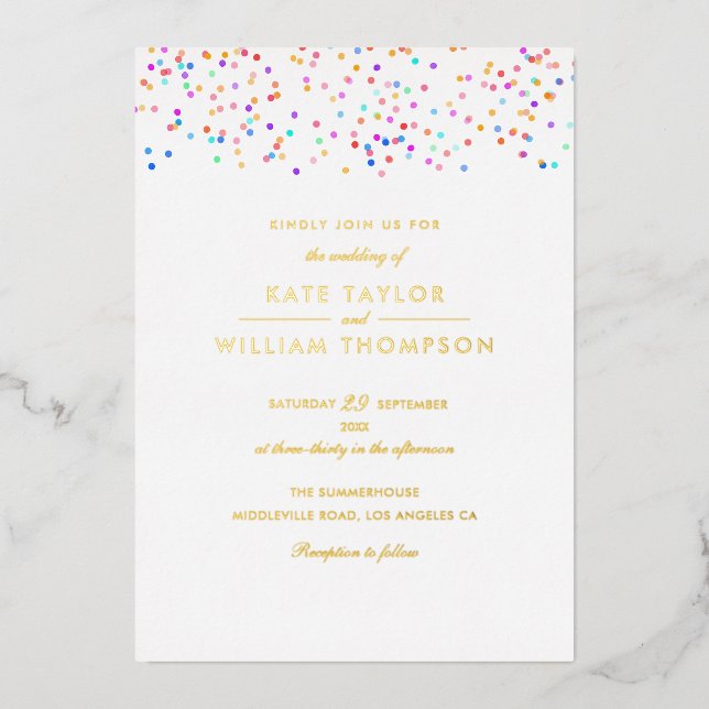 Invitation En Aluminium Rainbow Confetti Photo Mariage Gold (Recto)