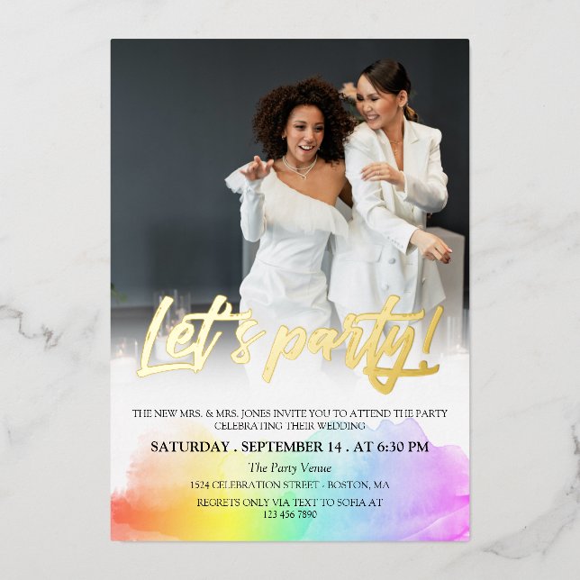 Invitation En Aluminium Rainbow Gold Brush Script Let's Party Photo (Recto)