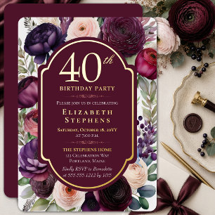 Invitation En Aluminium Ranunculus de vin élégant 40e anniversaire or