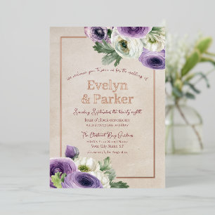 Invitation En Aluminium Ranunculus violet et blanc avec Mariage or Rose